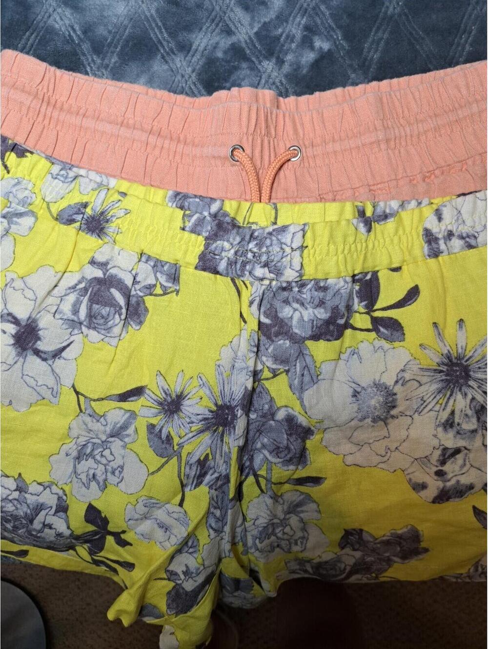 2 Lots Of Athleta & Kut Women’s Coral Yellow Flower 100 % Linen Pants Elastic 12